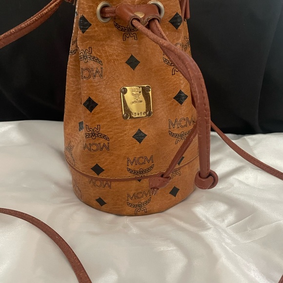 Cognac Mini MCM draw string bucket bag - Picture 2 of 11